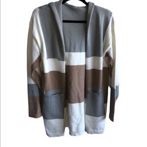 Women's Neutral Striped Hooded Cardigan